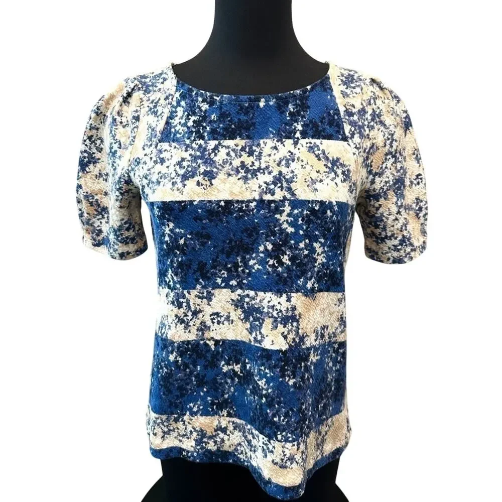 ANTHROPOLOGIE Blue Cream Puff Sleeve Knit Top Floral Stripe Coastal Small